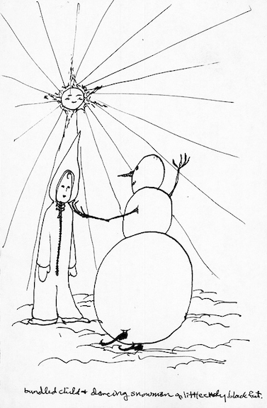bundled child and dancing snowman on little curly black feet